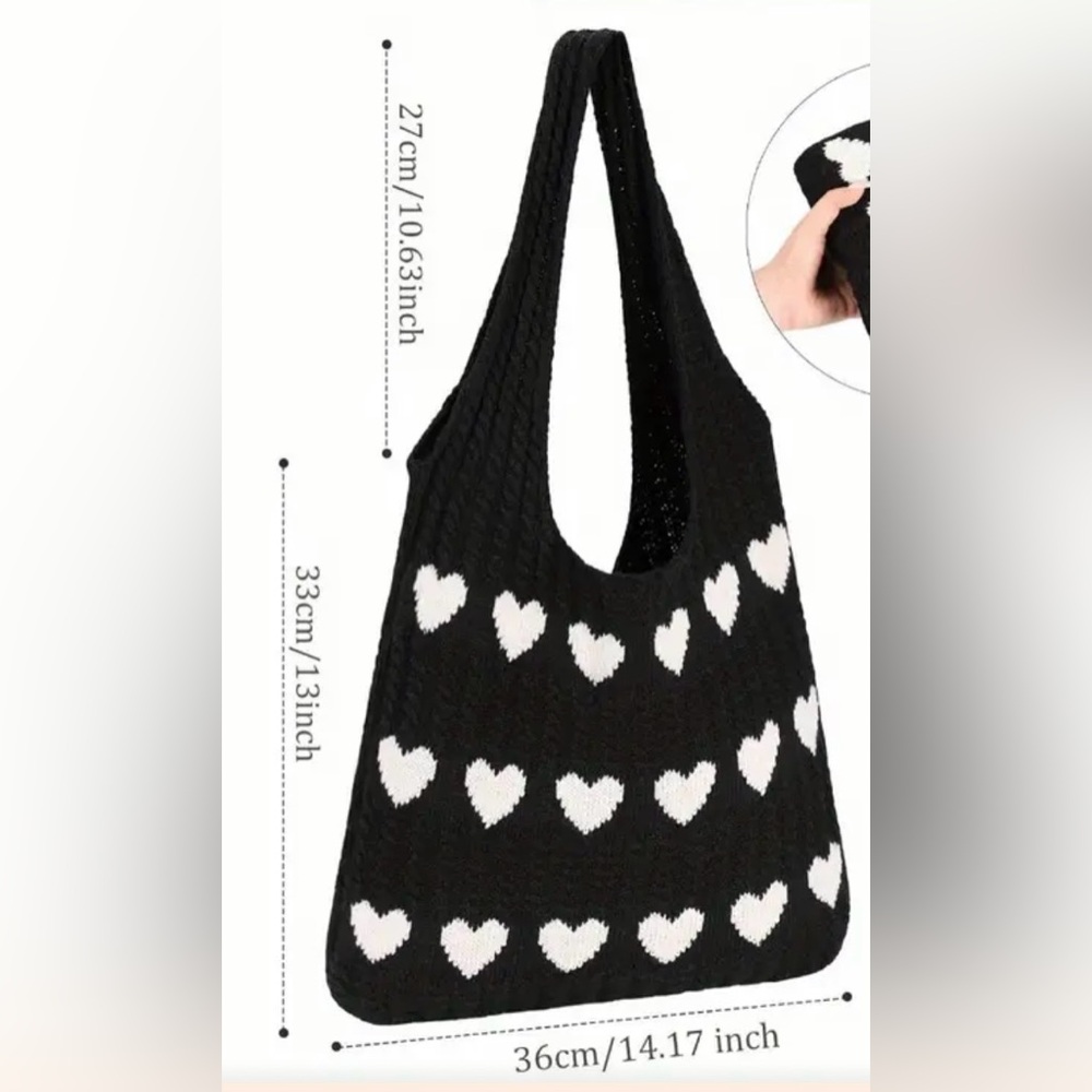 Crochet tote bag purse cream with black hearts NEW - Picture 3 of 3